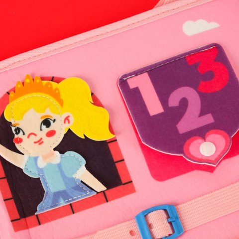 Tablica manipulacyjna sensoryczna montessori walizka plecak różowa