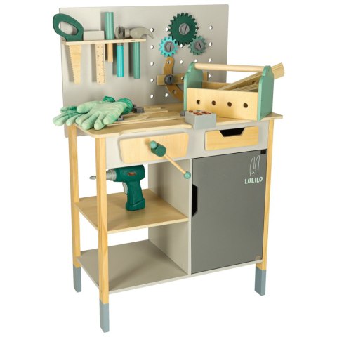 Warsztat drewniany LULILO Fikso zestaw małego majsterkowicza z narzędziami piła wkrętarka dźwięki 86cm