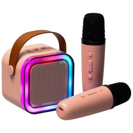 Zestaw do karaoke głośnik Bluetooth 2 mikrofony USB LED 6W różowy