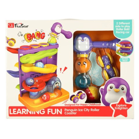 Tor kulkowy interaktywny kulodrom wbijak kulek z młoteczkami 3w1 pingwin + autko