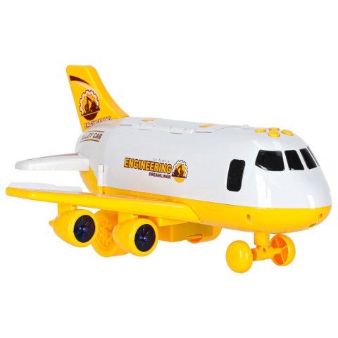 Transporter samolot rozkładany z autami + 3 auta pojazdy budowlane światła dźwięk