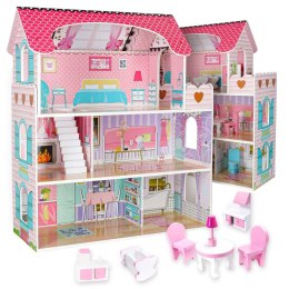 Domek dla lalek drewniany MDF mebelki 70cm różowy LED