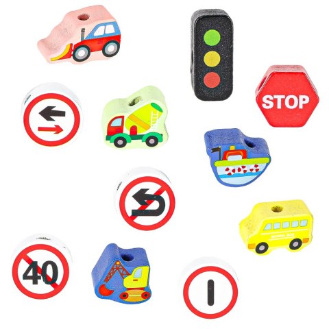 Klocki drewniane do nawlekania pojazdy znaki drogowe